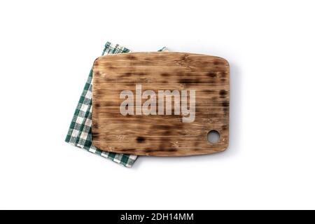 Cutting board mockup and green tablecloth isolated on white background Stock Photo
