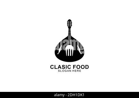 fork and guitar unique logo template design. symbol illustration. Stock Vector