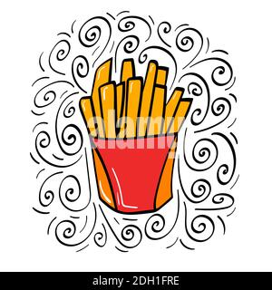 Hand drawn french fries icon with decoration. Vector illustration. Stock Vector
