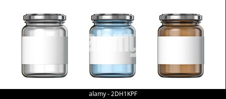 White, blue and brown big glass jars white label 3D Stock Photo