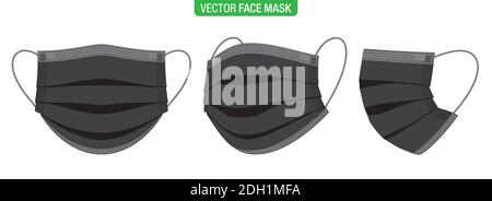 Black face mask, vector illustration. Set of flat style surgical masks, in different viewing angles, isolated on white. Virus protection medical mask, in front, three-quarters, and side views. Stock Vector