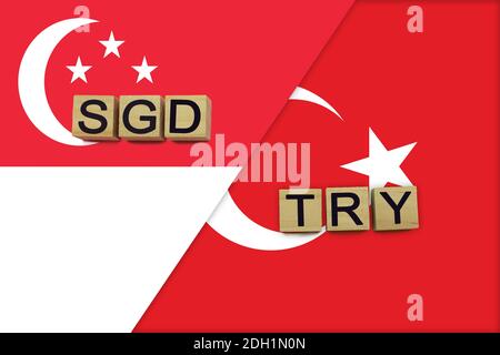 Singapore and Turkey currencies codes on national flags background. International money transfer concept Stock Photo