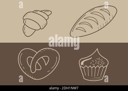 Baking icons set - fresh bread, croissant and pretzel with cake on brown and beige background in doodle style Stock Vector