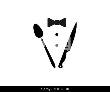 Bow Tie, Tuxedo, Knifes, Spoon Fork Restaurant Dinner logo design inspiration Stock Vector