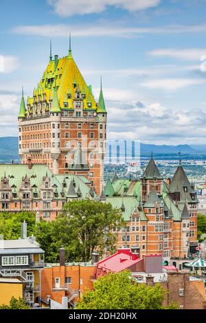 Fairmont Le Chateau Frontenac historic hotel in downtown Quebec City, Quebec, Canada on a cloudy day. It opened in 1893. Stock Photo