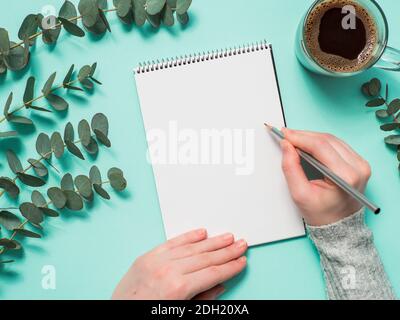Blank paper notebook and female hands with pencil Stock Photo