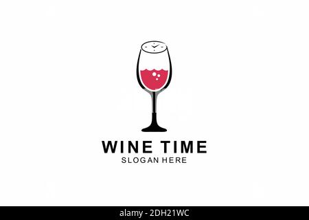 Wine glass logo. Wine time concept with clock on black background Stock Vector