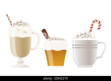 A collection of hot drinks that are often drunk in winter, such as apple cider, hot chocolate with marshmallow or hot coffee. Stock Vector