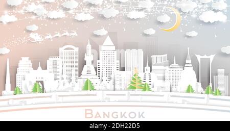 Bangkok Thailand City Skyline in Paper Cut Style with Snowflakes, Moon and Neon Garland. Vector Illustration. Christmas and New Year Concept. Stock Vector