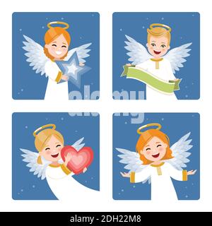Four cute and happy angels set on a dark sky with stars background. Flat vector illustration Stock Vector