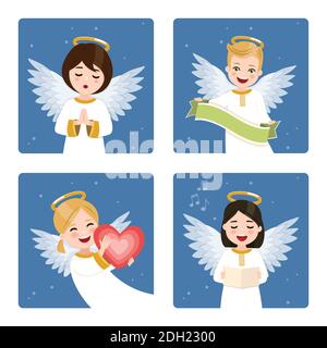 Four funny angels set on a dark sky with stars background. Flat vector illustration Stock Vector
