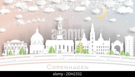 Copenhagen Denmark City Skyline in Paper Cut Style with Snowflakes, Moon and Neon Garland. Vector Illustration. Christmas and New Year Concept. Stock Vector