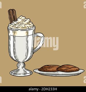 a classic style illustration of a glass of hot drink with whipped cream and cinnamon stick, with a cookies on a plate Stock Vector