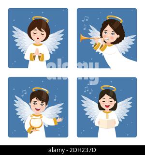 Four cute and musical angels set on a dark sky with stars background. Flat vector illustration Stock Vector