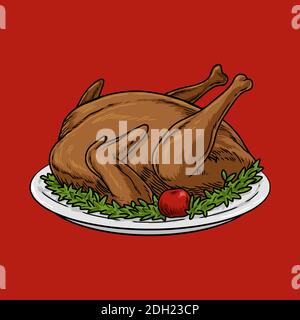 A classic style illustration of grilled chicken on a plate with red background Stock Vector