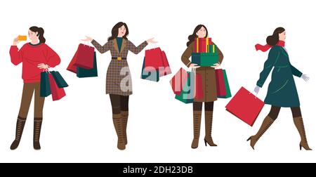 A collection of activities of a woman who is doing shopping, like bring the paper bag, gift box and holding a credit card. Stock Vector