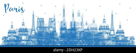 Outline Paris France City Skyline with Blue Buildings. Vector Illustration. Business Travel and Concept with Historic Architecture. Stock Vector