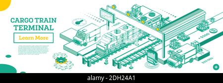 Outline Cargo Train Terminal. Locomotive with Boxcar. Isometric Railroad Station. Vector Illustration. Line Art Style. Railway Transport Concept Stock Vector