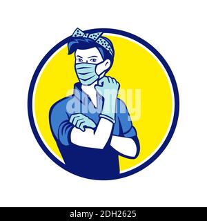 Rosie The Riveter Wearing Mask Circle Mascot Stock Photo