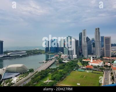 SINGAPORE - May 7, 2017: Aerial panorama across the Singapore bay, with the Financial and Business District. Stock Photo