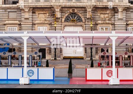 Cooking stations in front of the Royal Palace, prepared for the MasterChef competition. Popular tv show where chefs competes in cooking challenges. Stock Photo