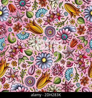 Cartoon cute hand drawn Spring seamless pattern. Colorful detailed, with lots of objects background. Endless funny raster illustration. Stock Photo