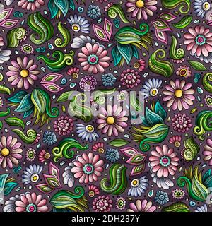 Cartoon cute hand drawn Spring seamless pattern. Colorful detailed, with lots of objects background. Endless funny raster illustration. Stock Photo