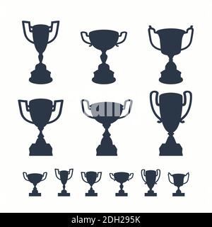 Trophy cups set. Black silhouettes of award cups in different shapes on white background - 1st place winner trophies. Flat style vector illustration Stock Vector