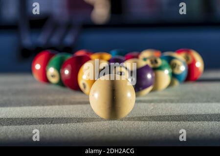 A Racked Up Triangle Of Billiard Balls Ready For A Game Of Pool Stock Photo