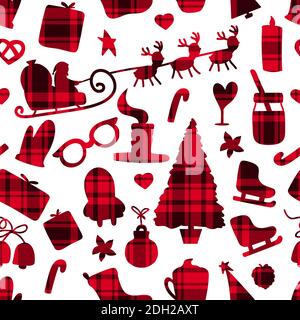 Checkered red shape Merry Christmas. Seamless pattern. Winter holiday surafce design. Vector illustration silhouette Santa Claus, tree, girf box and Stock Vector