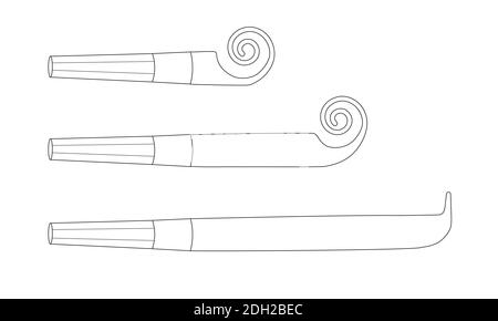 Outline party blowers, horns, noise makers, sound whistles isolated on white background. Rolled and unrolled objects, side view. Vector cartoon illustration. Stock Vector