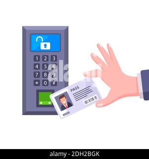 the key card is brought to the sensor to open the door. flat vector illustration isolated on white background. Stock Vector