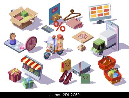 Online shopping isometric icons set with digital devices and clothing ecommerce stores orders, boxes, bags with purchases. Delivery service and customer support. Internet retail business Stock Vector