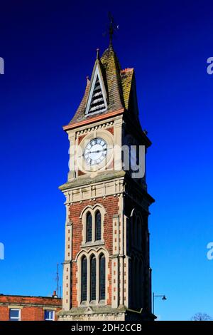 The clock tower and Queen Victoria Memorial, Newmarket town, Suffolk, England, UK Stock Photo