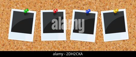Photos with pins on bulletin board. Banner Stock Vector