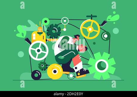 The guy rides a mechanism in the form of gears Stock Vector