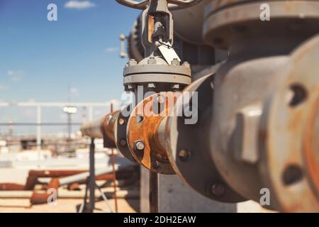 New installed process pipelines with installed shut off valves Stock Photo