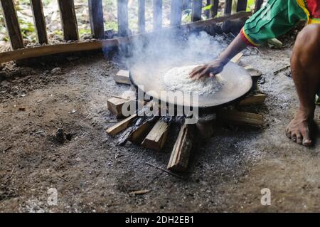 Preparation of cassava flour and choucaturo caterpillar skewer on a campfire in the Amazon rainfores Stock Photo