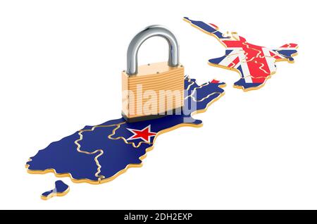 Lockdown in New Zealand. Padlock with map, border protection concept. 3D rendering isolated on white background Stock Photo