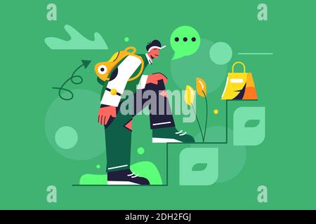 Young guy climbing stairs in flat style Stock Vector