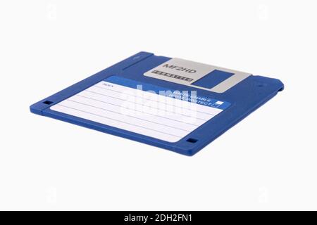 The front of an blue floppy disk, isolated on a white background. Close up Stock Photo