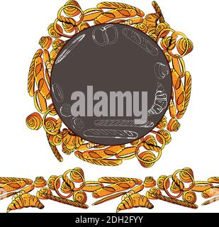 Vector bakery hand drawn illustration. Round template and seamless border with bread and pastry. Stock Vector