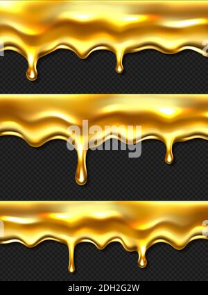 Dripping honey drops realistic seamless border, liquid yellow syrup splashes, glossy drip with falling droplets, flow oil or sweet caramel texture isolated on transparent background. 3d vector set Stock Vector