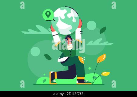 Concept girl holding planet earth in her hands Stock Vector