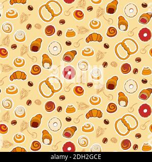 Bakery seamless vector pattern whith buns, bagels, croissants, coffee beans and donuts. Vector illustration, hand drawn elements. Food illustration fo Stock Vector