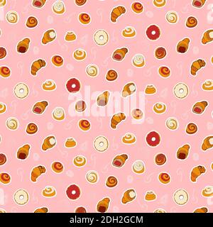 Bakery seamless vector pattern whith buns, bagels, croissants, coffee beans and donuts. Stock Vector