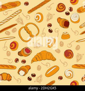 Seamless bakery background with cartoon sweets, baked goods, desserts and berry. Pattern with hand drawn elements Stock Vector