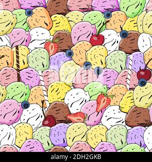 Sweet ice cream seamless pattern. Vector illustration, hand drawn elements. Excellent print for greeting cards, clothes, bed linens, fabric, textiles, Stock Vector