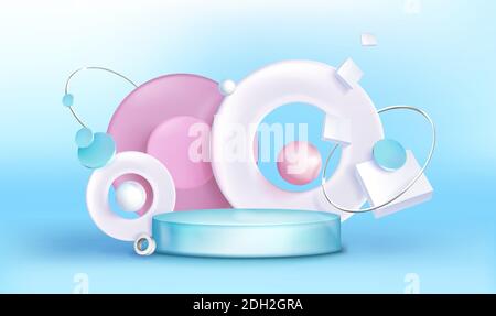 Podium, abstract background with geometric figures, empty cylindrical stage for award ceremony, product presentation platform, pedestal, rings or spheres on blue backdrop, Realistic 3d vector concept Stock Vector