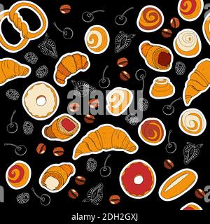 Seamless background with bakery labels and berry and coffee outlines. Pattern with hand drawn elements Stock Vector